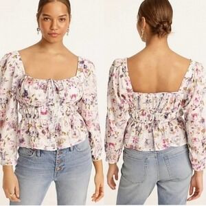 J. Crew‎ 6 Watercolor Floral Cinched Waist Babydoll Lantern Sleeve Top Coquette